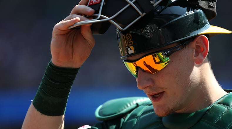 A's catcher Sean Murphy is pictured at Globe Life Park in Arlington on September 15, 2019 in Arlington, Texas. (Photo by Ronald Martinez/Getty Images)