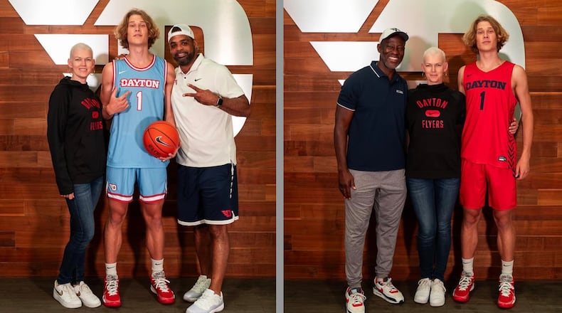 Petras Padegimas and his mom Natalja pose for photos with Dayton coaches Ricardo Greer and Anthony Grant at UD Arena in June 2023. Contributed photo