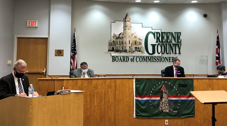 Greene County commissioners in their chambers. From left to right: Tom Koogler, Bob Glaser and Dick Gould. STAFF/BONNIE MEIBERS