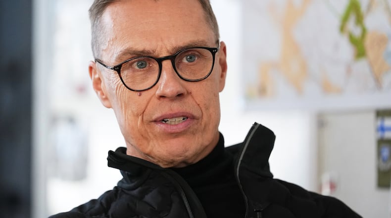 Finland's President Alexander Stubb speaks during an interview with The Associated Press in Halvala, Finland, Saturday, Nov. 15, 2025. (AP Photo/Sergei Grits)