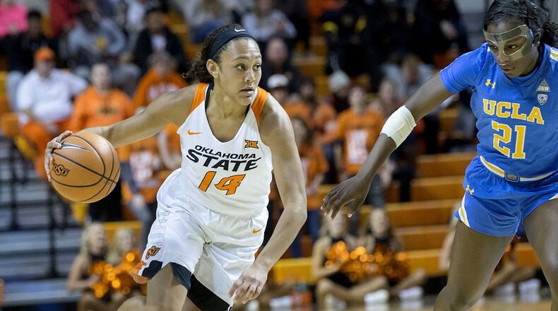 Oklahoma State freshman and Alter H.S. grad Braxtin Miller (with ball) vs. UCLA. OKLAHOMA STATE PHOTO