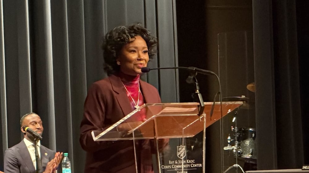 Dayton Mayor Shenise Turner-Sloss addresses a large crowd on Monday at the Kroc Center during the swearing-in ceremony of Dayton's new leaders.