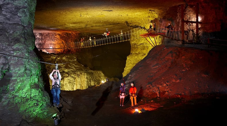 Ziplining in the Louisville Mega Caverns. GREATER LOUISVILLE CONVENTION & VISITORS BUREAU