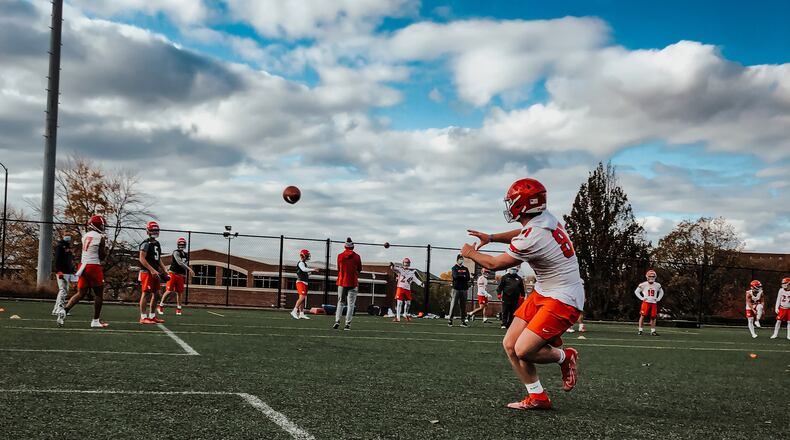 The Dayton Flyers football team practices in the fall of 2020. UD photo