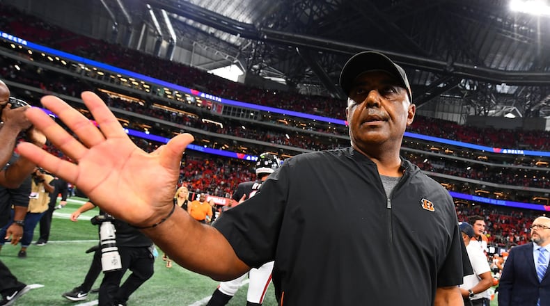 ATLANTA, GA - SEPTEMBER 30: Head coach Marvin Lewis of the Cincinnati Bengals celebrates beating the Atlanta Falcons at Mercedes-Benz Stadium on September 30, 2018 in Atlanta, Georgia. (Photo by Scott Cunningham/Getty Images)