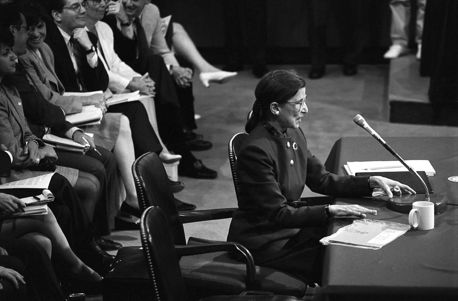 FILE -- Ruth Bader Ginsburg speaks during her Supreme Court confirmation hearings in Washington, July 21, 1993. Ginsburg, the second woman to serve on the Supreme Court and a pioneering advocate for women’s rights, who in her ninth decade became a much younger generation’s unlikely cultural icon, died of complications from metastatic pancreas cancer on Friday, Sept. 18, 2020. She was 87.  (Stephen Crowley/The New York Times)