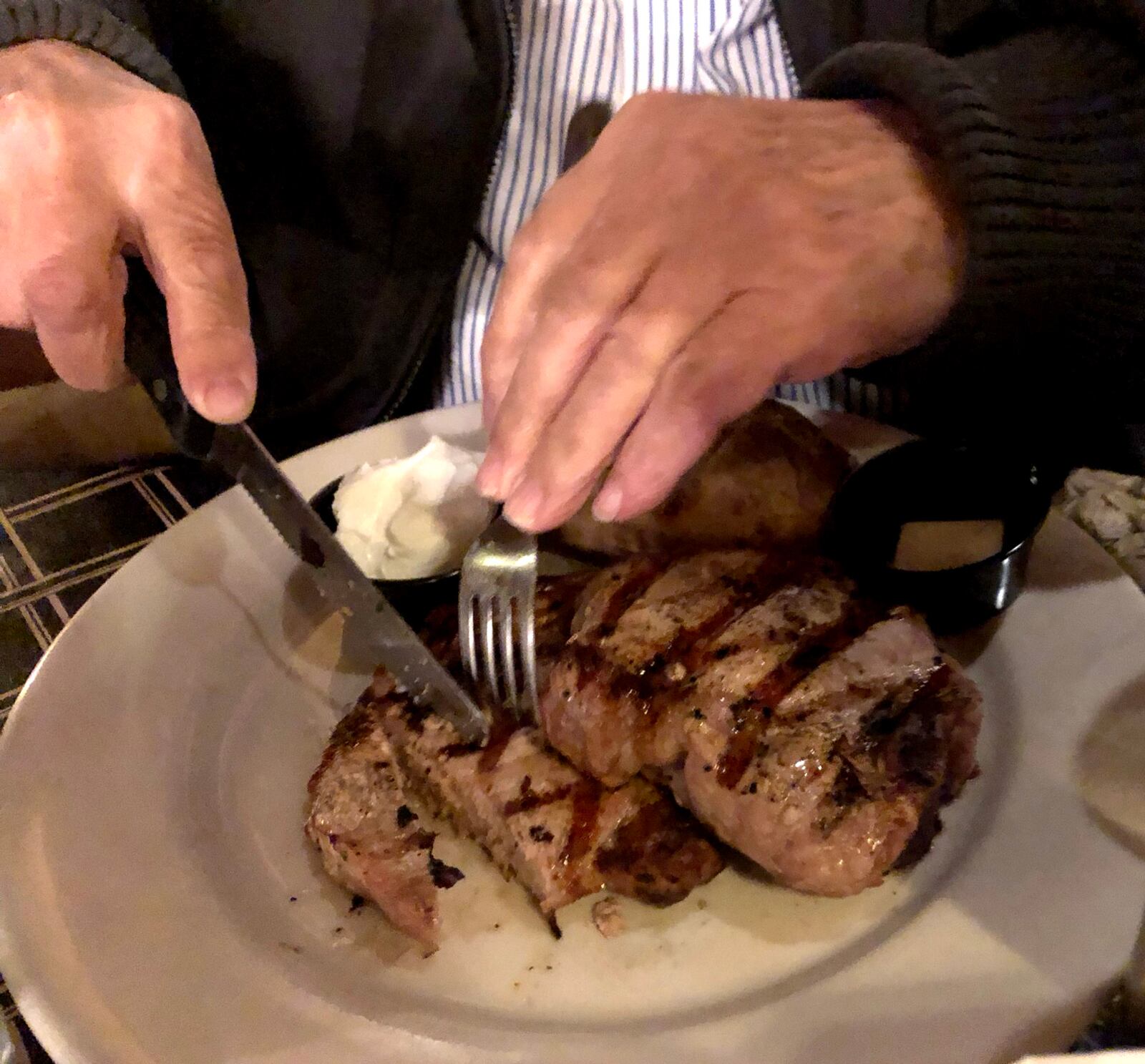 The Florentine Restaurant serves steaks, fish and chops. Pictured: two bone-in pork loin chops.