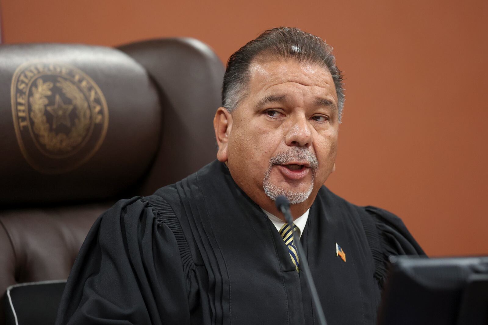 Judge Sam Medrano speaks during a hearing for Patrick Crusius, the Walmart mass shooter, in the 409th district Commissioners Courtroom at the Enrique Moreno County Courthosue in El Paso, Texas, April 21, 2025. (Ruben R. Ramirez/Pool Photo via AP)