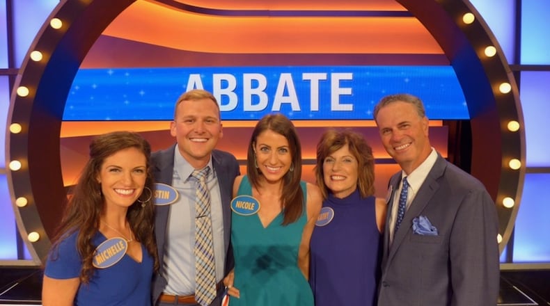 The Abbate family recently competed on Family Feud. From left to right: Michelle Hinders, Justin Hinders, Nicole Abbate, Kathy Abbate and Vito Abbate. Michelle, Justin and Nicole are all University of Dayton graduates. CONTRIBUTED