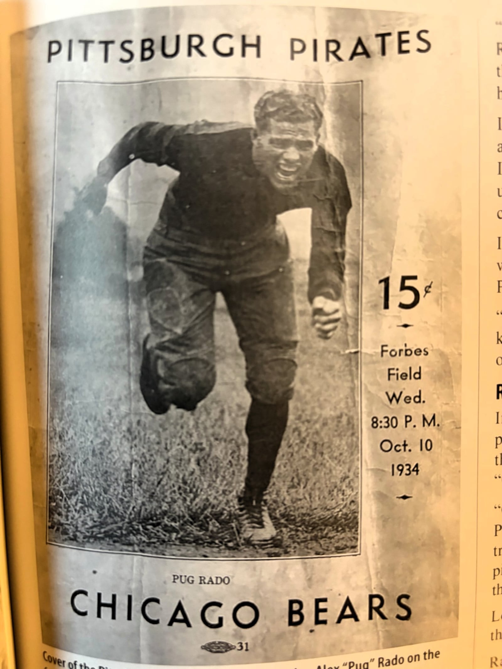 -(Photo 17) After a Hall of Fame career at New River State College (now West Virginias Tech), Roosevelt High grad Alex “Moose” Rado played halfback and defensive back in the NFL for the Pittsburgh Pirates who would later become the Steelers. He was on the cover of the game program for the Pirates’ October 10, 1934 match-up with the Chicago Bears at Forbes Field. CONTRIBUTED PHOTO