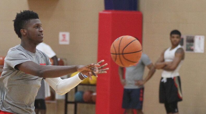 Dayton’s Dwayne Cohill practices at UD’s Cronin Center on July 31, 2018. David Jablonski/Staff