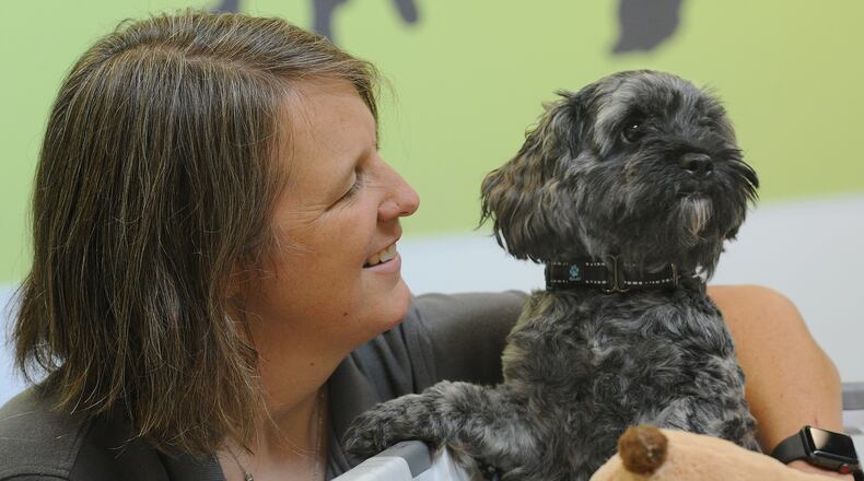 Eryn Carper, SICSA's intake and community resource manager, plays with dog MIllie at the shelter in Washington Twp. SICSA is in need of foster families to care for dogs whose homes have been upended by housing instability. MARSHALL GORBY / STAFF