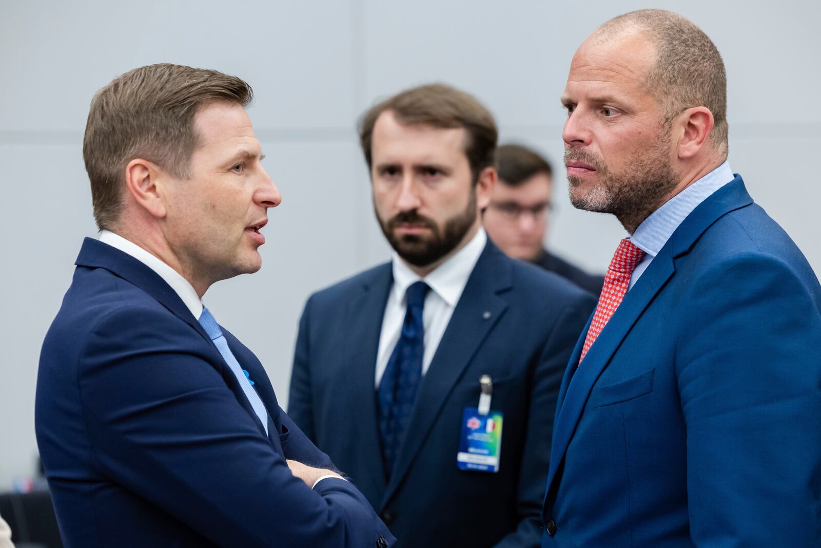 Belgium's Defense Minister Theo Francken, right, talks with Estonia's Defense Minister Hanno Pevkur, right, during a coalition of the willing defence ministers meeting at NATO headquarters in Brussels, Belgium, Thursday, April 10, 2025. (AP Photo/Geert Vanden Wijngaert)