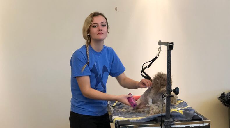 Leah Seidenschmidt of the Humane Society of Warren County is shown with one of 111 poodles rescued from a Warren County house Monday. CONTRIBUTED