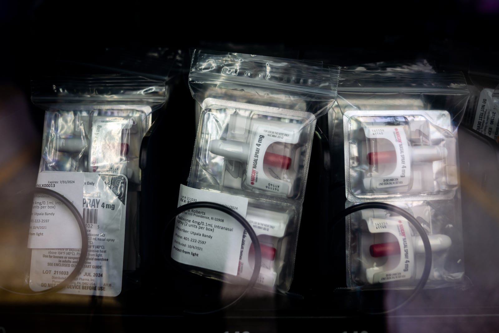 FILE — Doses of Narcan in a vending machine at a safe drug site in Providence, R.I., on Aug. 17, 2022. Narcan, a prescription nasal spray that reverses opioid overdoses, can now be sold over the counter, the Food and Drug Administration said on Wednesday, March 29, 2023. On Dec. 5, 2025, the Clark County Combined Health District installed its own Narcan vending machine at The health district also added a Narcan vending machine at the Salvation Army in Springfield, 15 S. Plum St., where people can access Narcan at no cost.  (Erin Schaff/The New York Times)
                      