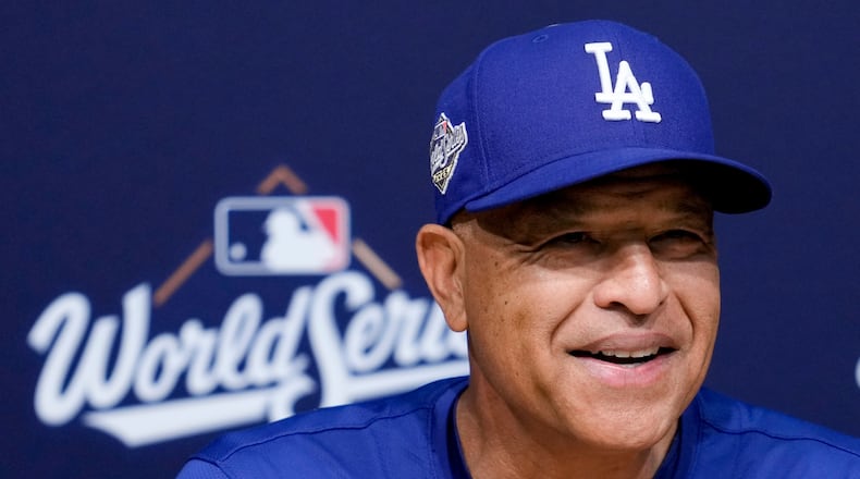 Los Angeles Dodgers manager Dave Roberts speaks prior to Game 4 of baseball's World Series against the Toronto Blue Jays, Tuesday, Oct. 28, 2025, in Los Angeles. (AP Photo/Ashley Landis)