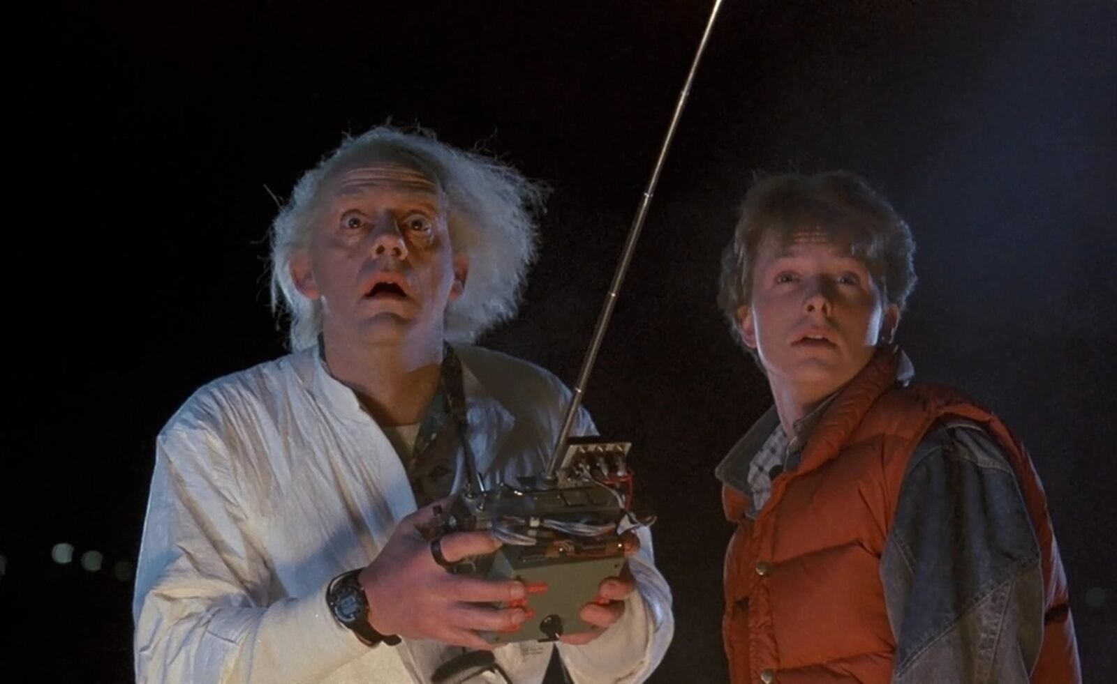 Christopher Lloyd (left) and Michael J. Fox in Robert Zemeckis’ 1985 comedy “Back to the Future.” CONTRIBUTED