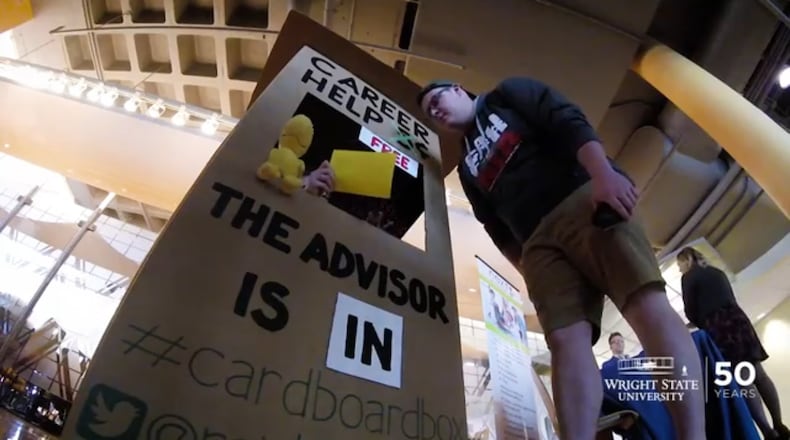 Wright State University’s career center is offering career advice from a cardboard refrigerator box this week.