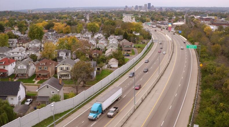 View of eastbound U.S.35 lanes at left before three lanes are squeezed down to two near Smithville Road. TY GREENLEES / STAFF