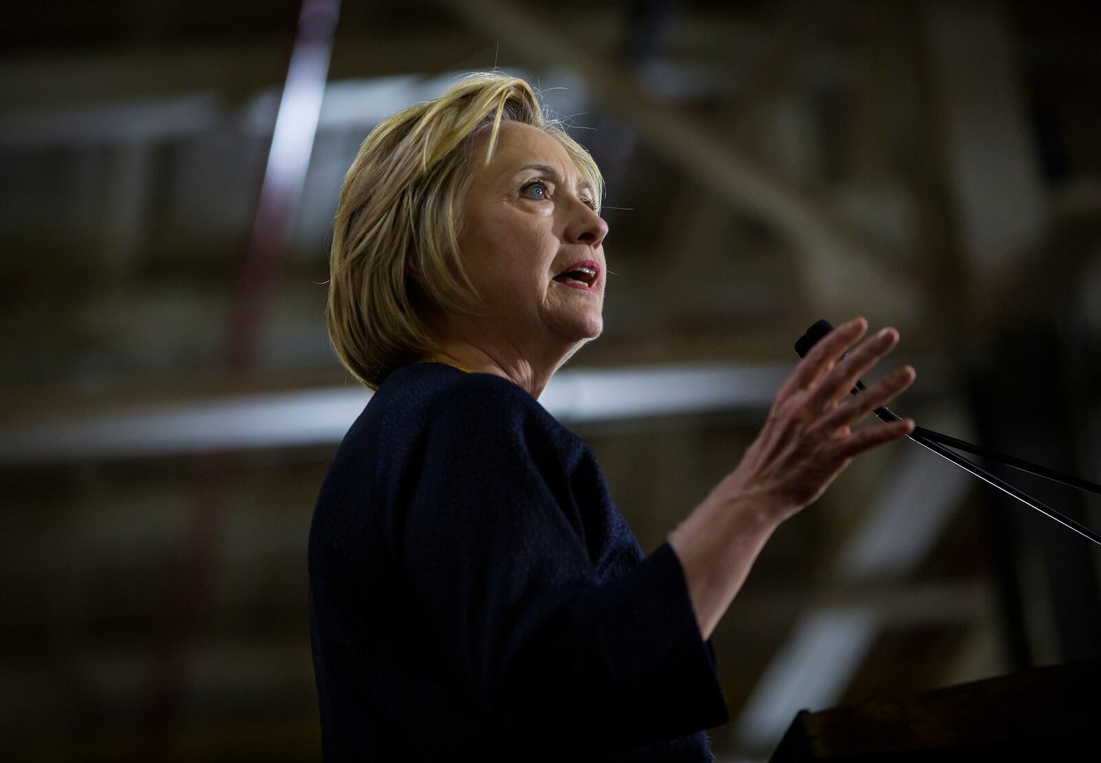 Hillary Clinton, the presumptive Democratic presidential nominee, speaks during a campaign event at Team Wendy in the Cleveland Industrial Innovation Center in Cleveland, June 13, 2016. In her first remarks since a shooting on Sunday in Orlando, Fla., in which an American citizen who declared his allegiance to the Islamic State group killed 49 people, Clinton called for bolstering coalition-led airstrikes against ISIS in Syria. (Eric Thayer/The New York Times)