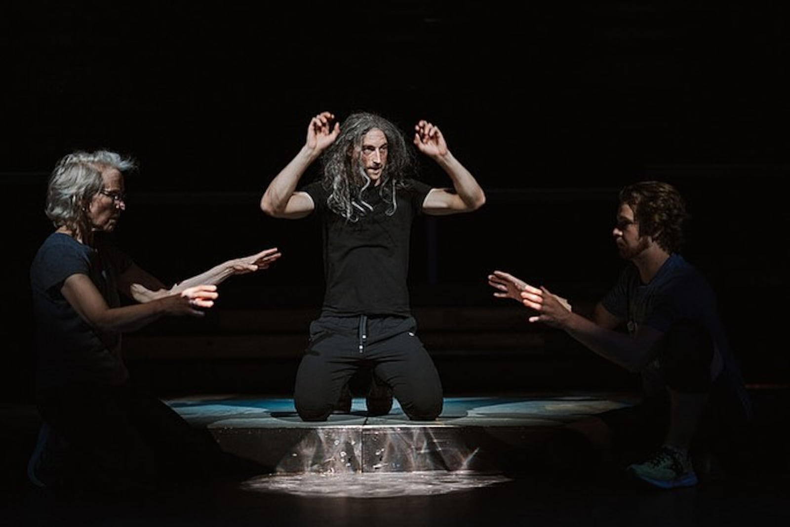 Jon Beal (center as First Witch) with Caitlin Deer (left as Second Witch) and Clint Blakely (Third Witch) in rehearsals for Gem City Groundlings production of "Macbeth." Beal also portrayed Macduff. Photo by Matt Silver