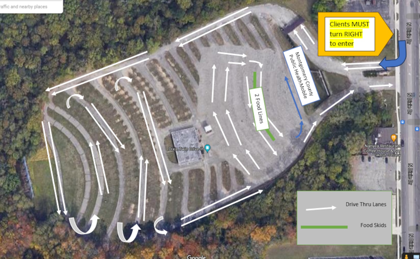 People attending The Foodbank Inc.'s mass food distribution on Thursday, Nov. 20, 2025, at Dixie Twin Drive-In must turn right from North Dixie Drive. Map courtesy of The Foodbank Inc.