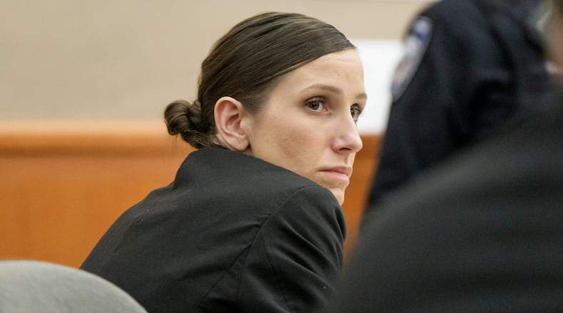 Kouri Richins looks on during her murder trial at the Summit County Courthouse in Park City, Utah, Monday, Feb. 23, 2026. (AP Photo/Spenser Heaps, Pool)