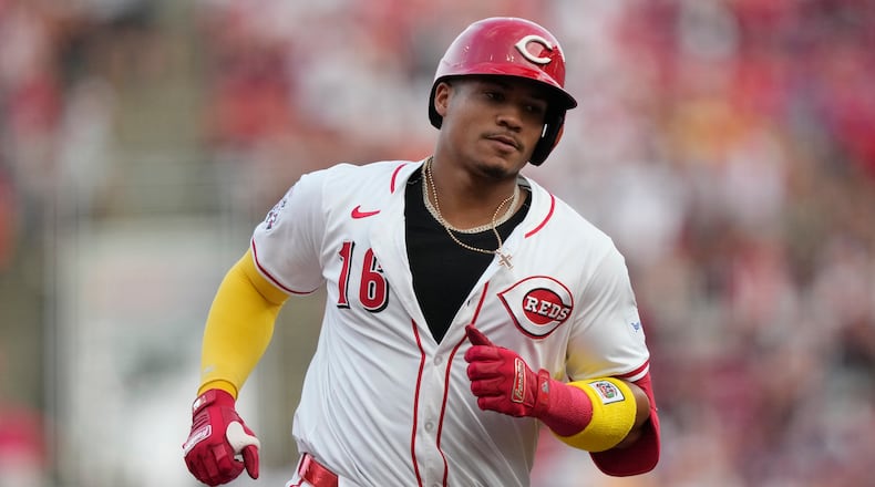 Cincinnati Reds' Noelvi Marte rounds the bases after hitting a solo home run during the fourth inning of a baseball game against the Los Angeles Dodgers, Tuesday, July 29, 2025, in Cincinnati. (AP Photo/Carolyn Kaster)