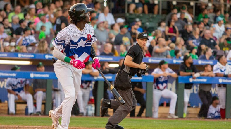 Elly De La Cruz watches his second home run leave the park Saturday night in the second game of a doubleheader against West Michigan. De La Cruz has 20 homers and leads the Midwest League. CONTRIBUTED/Jeff Gilbert