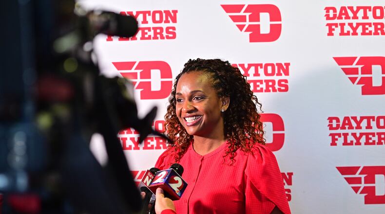 Tamika Williams-Jeter talks to reporters at a press conference at UD Arena on Monday, March 28, 2022, as she's introduced as the new Dayton women's basketball coach. Photo by Erik Schelkun