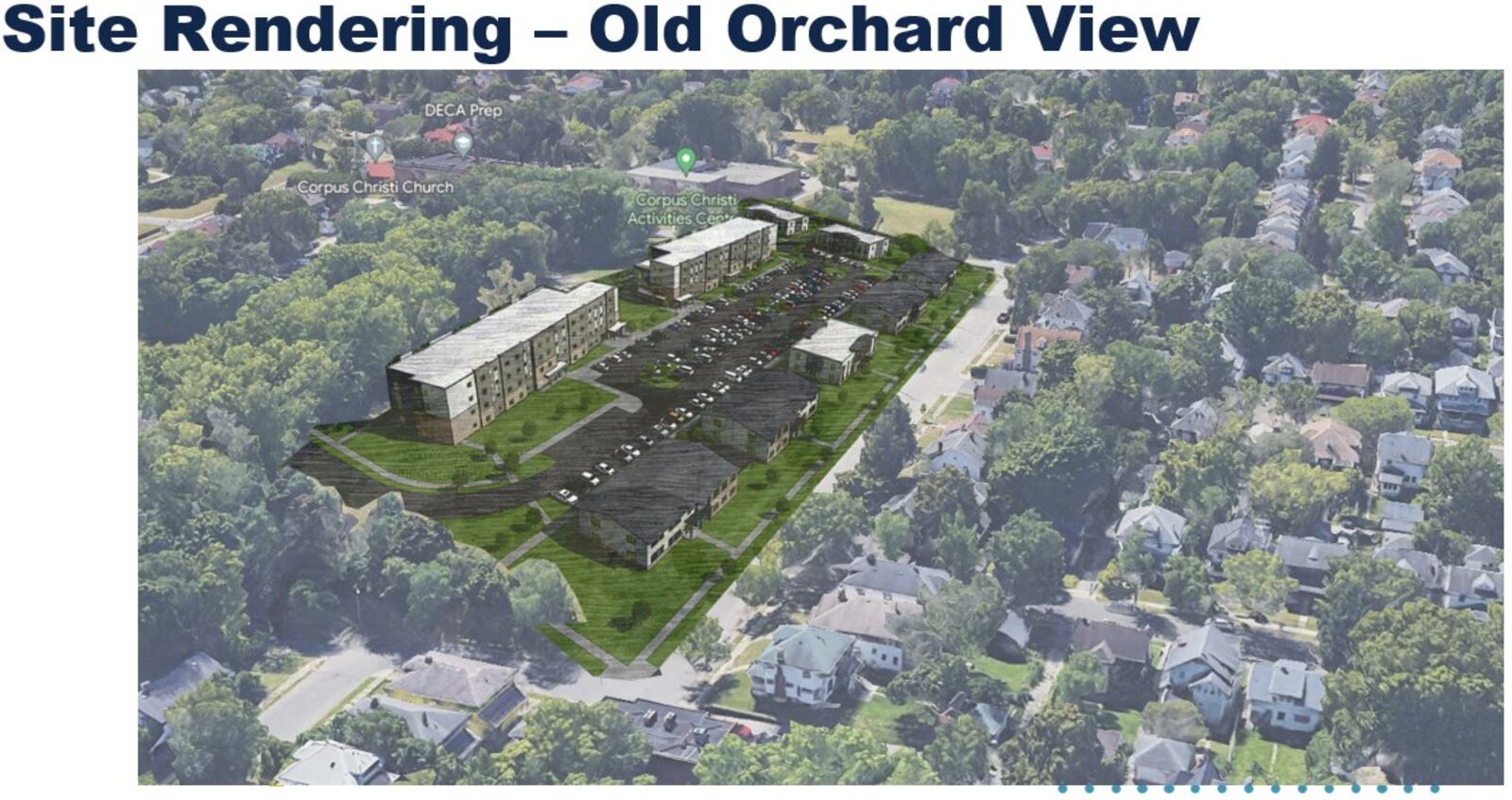 A site rendering of new housing proposed for the former Julienne school and an adjacent property in Dayton's Five Oaks neighborhood. CONTRIBUTED