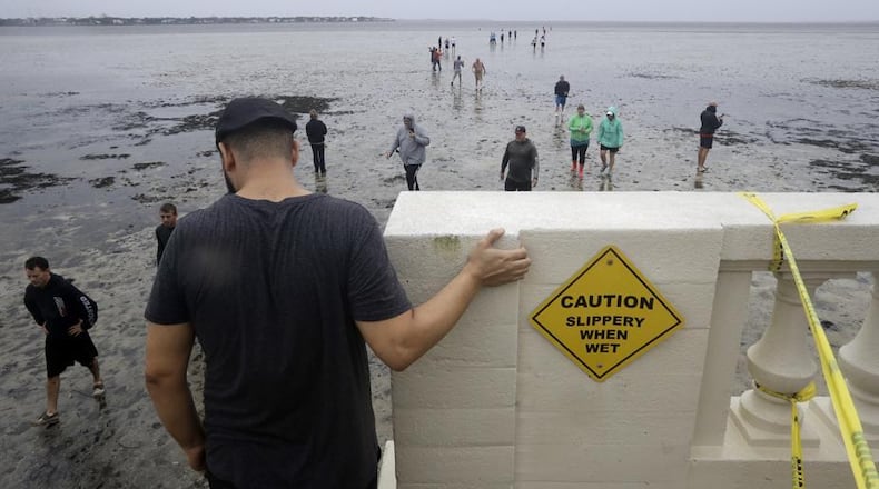 People venture into Tampa Bay after water recedes during Hurricane Irma.
