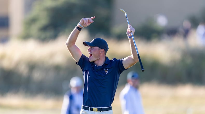 Austin Greaser of the USA on the 17th green as USA win the tournament on day two of the 2023 Walker Cup at St Andrews, Scotland, Sunday Sept. 3, 2023. (Robert Perry/PA via AP)