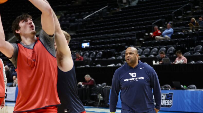 Dayton's Jermaine Henderson coaches during practice for the NCAA tournament at the Delta Center in Salt Lake City, Utah, on Wednesday, March 20, 2024. David Jablonski/Staff