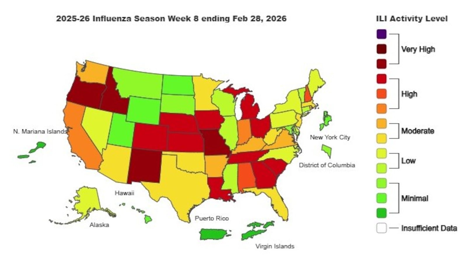 This is the weekly Outpatient Respiratory Illness Activity map from the CDC, for the week ending Feb. 28, 2026.