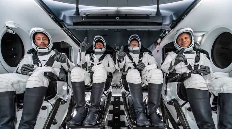 A photo provided by SpaceX of the Axiom-1 mission crew during training, from left: Mark Pathy, Larry Connor, Michael López-Alegría, the mission commander, and Eytan Stibbe. Axiom Space bought seats on a SpaceX rocket to be NASA’s guests on the flight that went into orbit on Friday, April 8, 2022, as the agency extends efforts to commercialize spaceflight. (SpaceX via The New York Times) -- NO SALES; FOR EDITORIAL USE ONLY WITH NYT STORY SPACE TOURISM BY KENNETH CHANG FOR APRIL 8, 2022. ALL OTHER USE PROHIBITED.