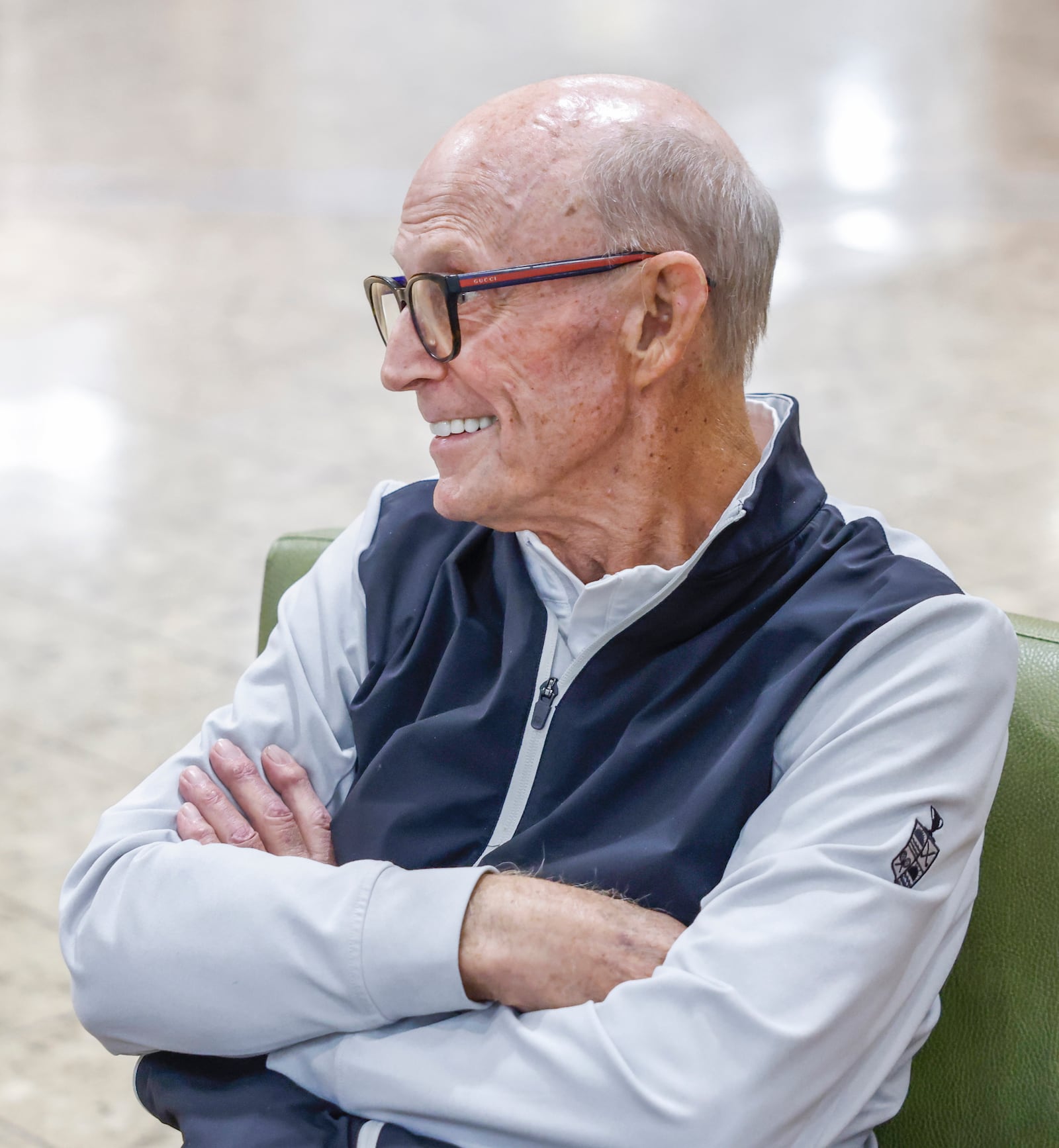 Kettering resident Pat McGohan laughs while having a conversation on Thursday, Nov. 20, 2025, at Kettering Health Main Campus. The retired businessman recently had an emergency hematoma. JOSEPH COOKE/STAFF