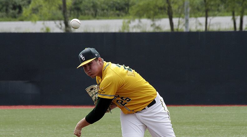 Wright State starting pitcher Zane Collins worked five innings Saturday against UIC, giving up two earned runs and striking out five. A win would have given WSU the regular-season Horizon League baseball title, but UIC prevailed 5-2 at Nischwitz Stadium. TIM ZECHAR / CONTRIBUTED