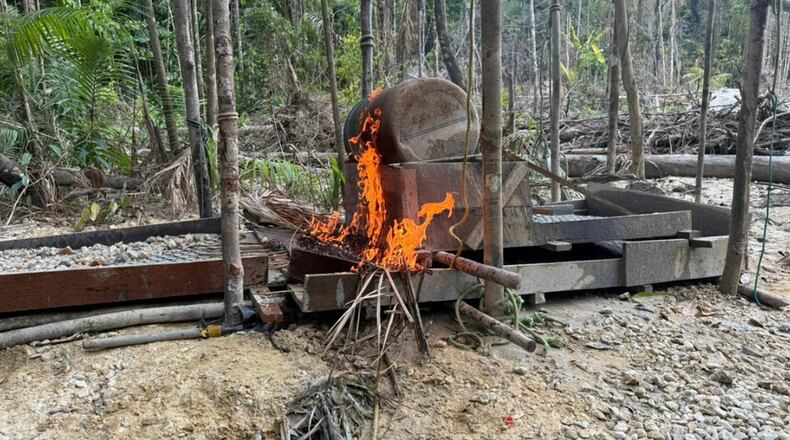 This image provided by Interpol shows an illegal gold mining site on Dec. 18, 2025, in the Upper Takutu-Upper Esequibo region of Guyana. (Interpol via AP)