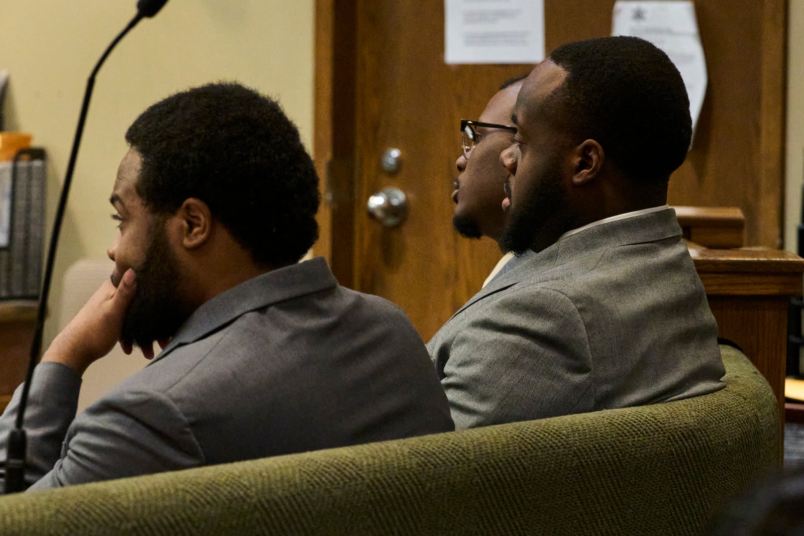 Demetrius Haley, left, Tadarrius Bean, and Justin Smith, Jr., rear, three former Memphis Police Department officers charged with fatally beating Tyre Nichols in 2023, sit in the courtroom during their trial, Tuesday, May 6, 2025, in Memphis, Tenn. (AP Photo/George Walker IV, Pool)