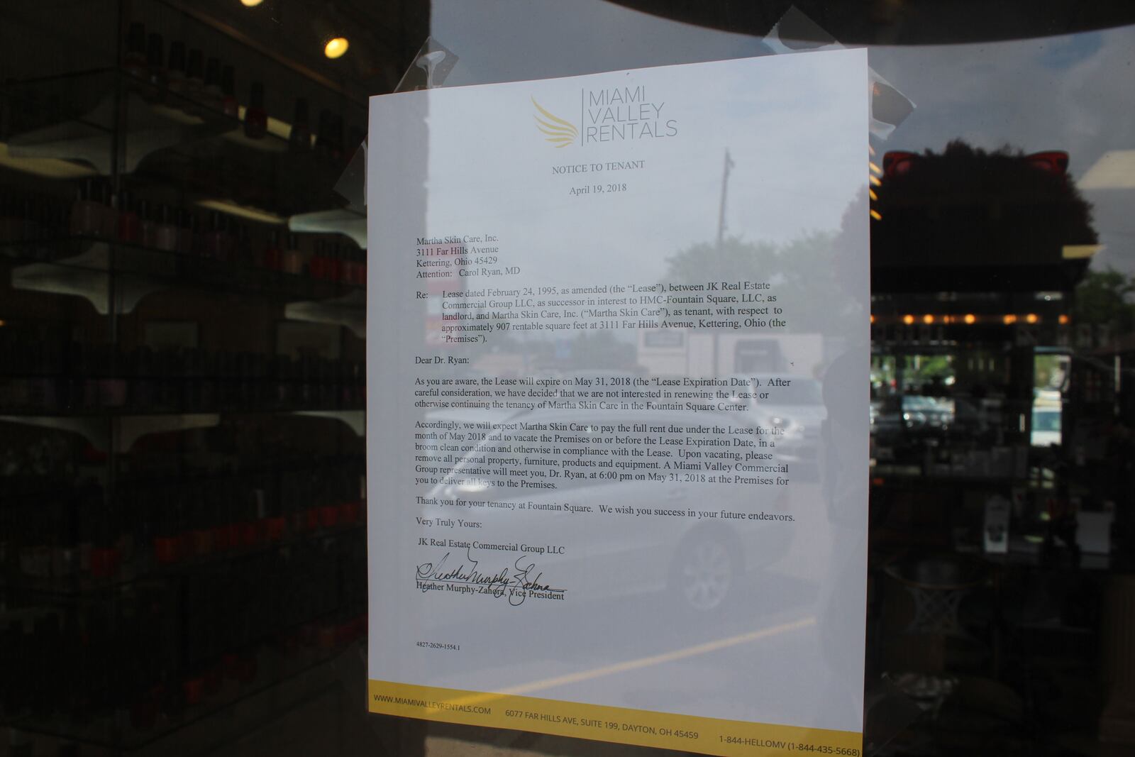 Martha's Skin Care is closing after its lease was not renewed.  A letter from Heather Murphy-Zahora, vice president of Miami Valley Commerical Group, is taped to the door.