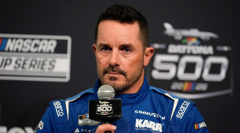 Casey Mears speaks during a NASCAR Daytona 500 media day, Wednesday, Feb. 11, 2026, in Daytona, Fla. (AP Photo/Mike Stewart)