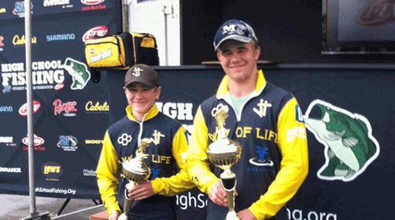 Cousins Tanner (left) and Rocky Jordan teamed to win the TBF/FLW High School Fishing Ohio State Championship at Alum Creek Reservoir in Columbus this past Saturday. HIGH SCHOOL FISHING PHOTO