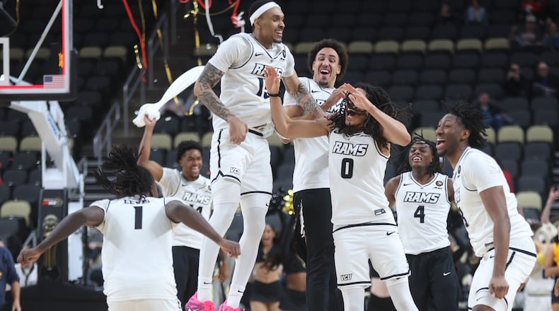 Virginia Commonwealth celebrates after a victory against Dayton in the Atlantic 10 Conference championship game on Sunday, March 15, 2026, at PPG Paints Arena in Pittsburgh. David Jablonski/Staff
