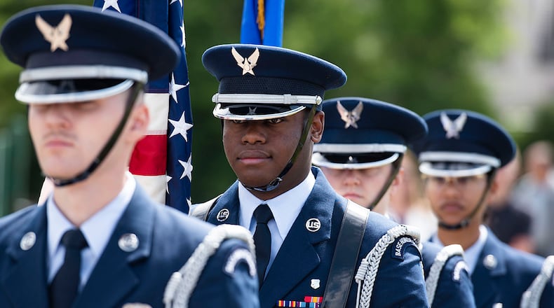 Honor Guard members from Wright-Patterson Air Force Base line up to present the colors during a Memorial Day ceremony in Fairborn May 31. U.S. AIR FORCE PHOTO/WESLEY FARNSWORTH