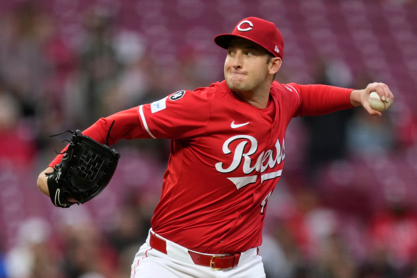 Cincinnati Reds pitcher Nick Lodolo throws during the second inning of a baseball game against the Washington Nationals, Saturday, May 3, 2025, in Cincinnati. (AP Photo/Carolyn Kaster)