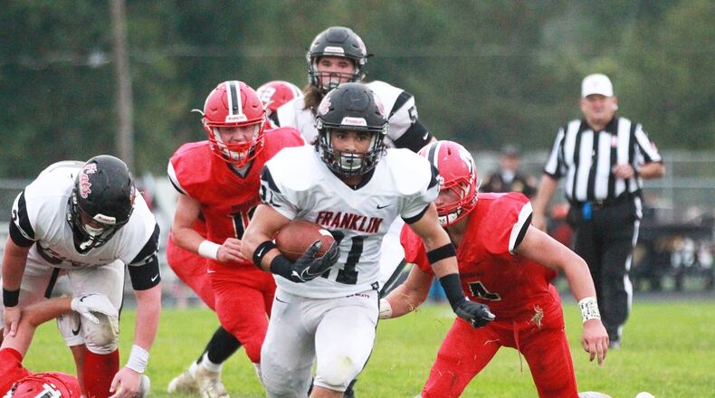 Cyre Williams of Franklin scored on a 70-yard reception in a 42-6 defeat of host Madison in a Week 1 high school football game on Friday, Aug. 30, 2019. MARC PENDLETON / STAFF
