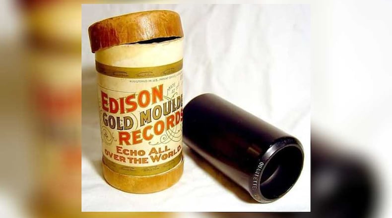 Thomas Edison’s phonograph allowed musical recordings branded with his name to be sold in cylindrical containers. PUBLIC DOMAIN PHOTO