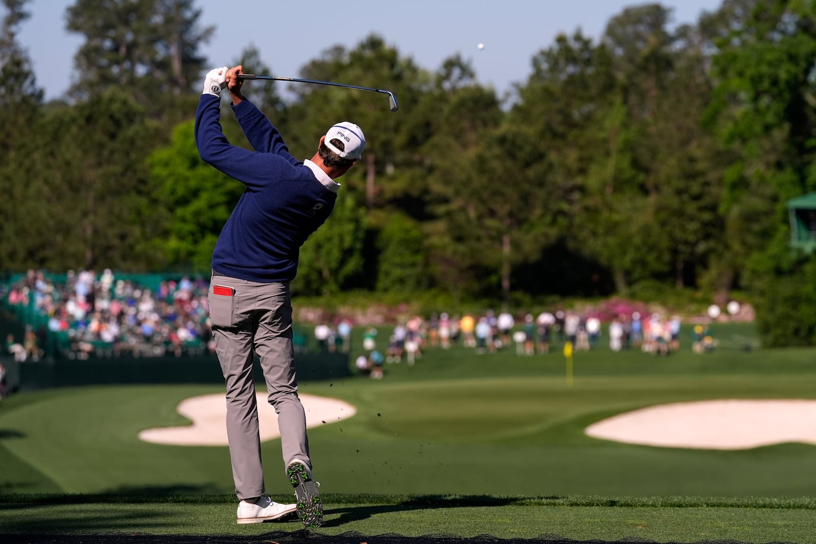 Harris English hits from the fourth tee during a practice round at the Masters golf tournament, Tuesday, April 8, 2025, in Augusta, Ga. (AP Photo/Ashley Landis)