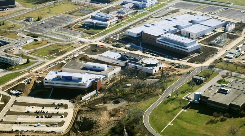 A 2010 file photo of construction of three facilities on Area B of Wright-Patterson that became home to the 711th Human Performance Wing, including the U.S. Air Force School of Aerospace Medicine.